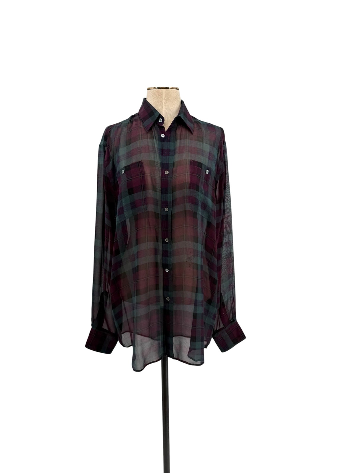 Polo Ralph Lauren Silk Plaid Sheer Button Front Blouse Purple Green Size Xl